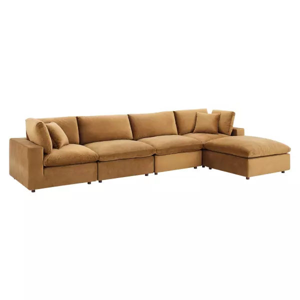 EEI-4820-COG Modway Commix Down Filled Overstuffed Performance Velvet 5-Piece Sectional Sofa Cognac